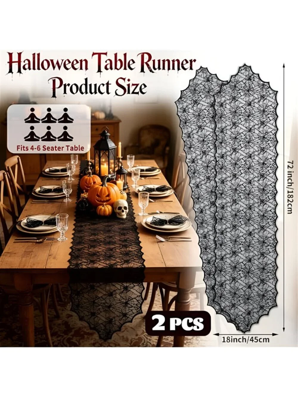 18 x 72 Inch Halloween Table Runner - 2 Pcs Black Lace Runner with Spider Web